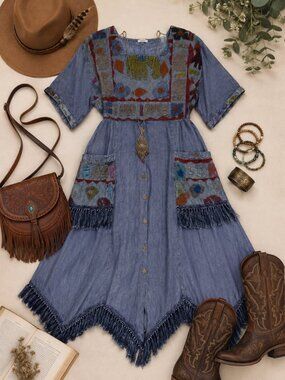 Vintage Encounter Plus Size Rayon Elephant Fringe Midi Dress Made in India